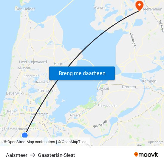 Aalsmeer to Gaasterlân-Sleat map
