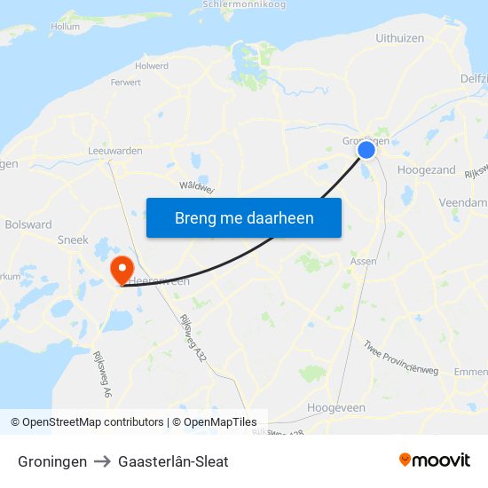 Groningen to Gaasterlân-Sleat map