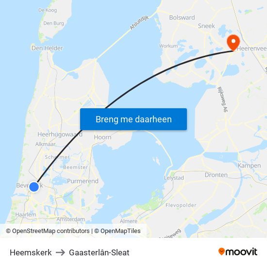 Heemskerk to Gaasterlân-Sleat map