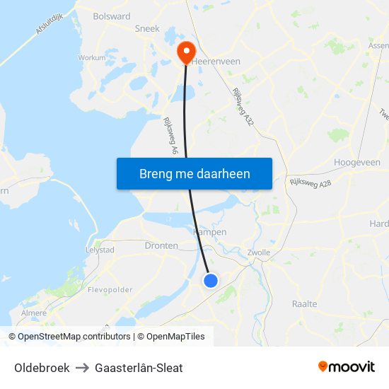 Oldebroek to Gaasterlân-Sleat map