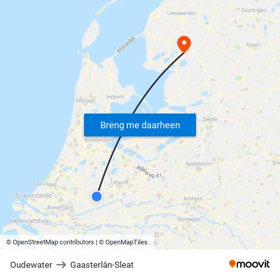 Oudewater to Gaasterlân-Sleat map
