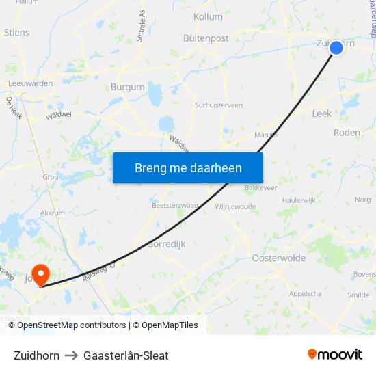 Zuidhorn to Gaasterlân-Sleat map