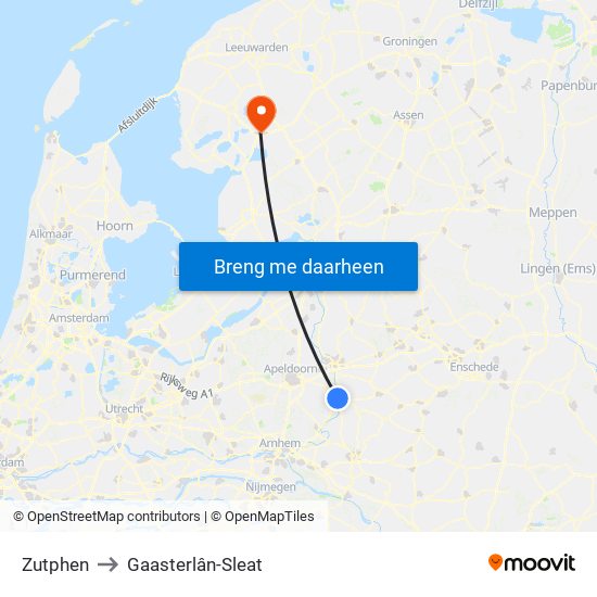 Zutphen to Gaasterlân-Sleat map