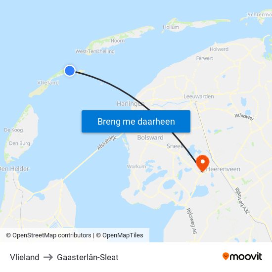Vlieland to Gaasterlân-Sleat map