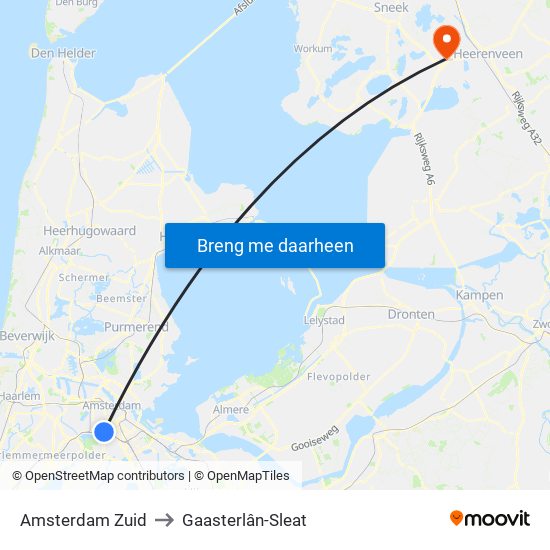 Amsterdam Zuid to Gaasterlân-Sleat map