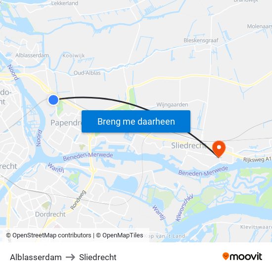 Alblasserdam to Sliedrecht map