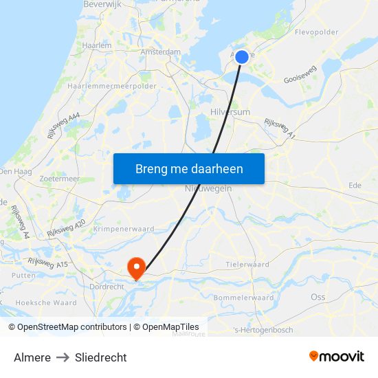 Almere to Sliedrecht map