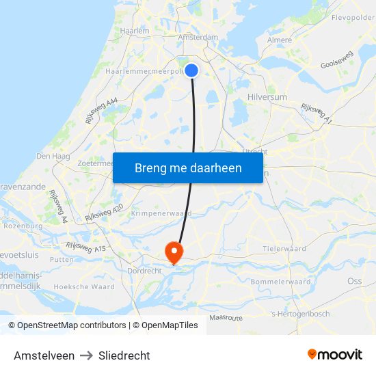 Amstelveen to Sliedrecht map
