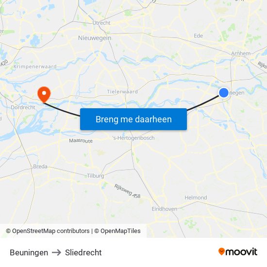 Beuningen to Sliedrecht map