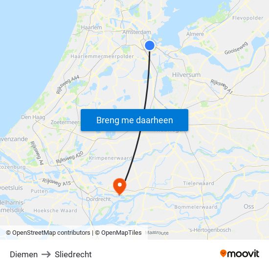 Diemen to Sliedrecht map