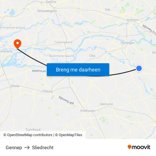 Gennep to Sliedrecht map