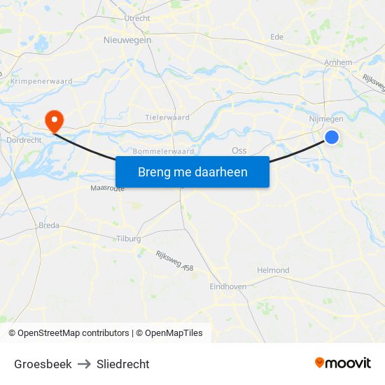 Groesbeek to Sliedrecht map