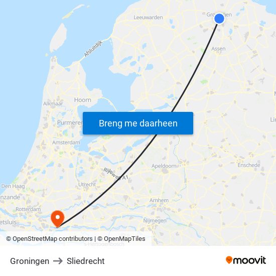Groningen to Sliedrecht map