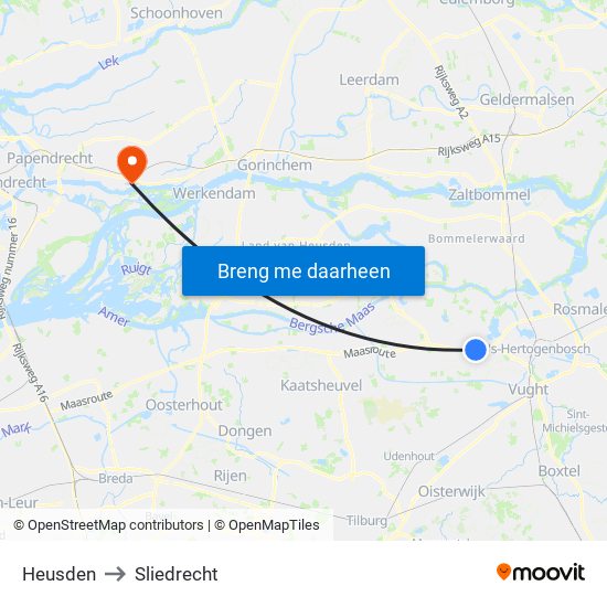 Heusden to Sliedrecht map