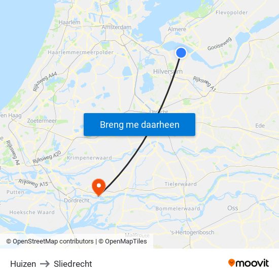 Huizen to Sliedrecht map