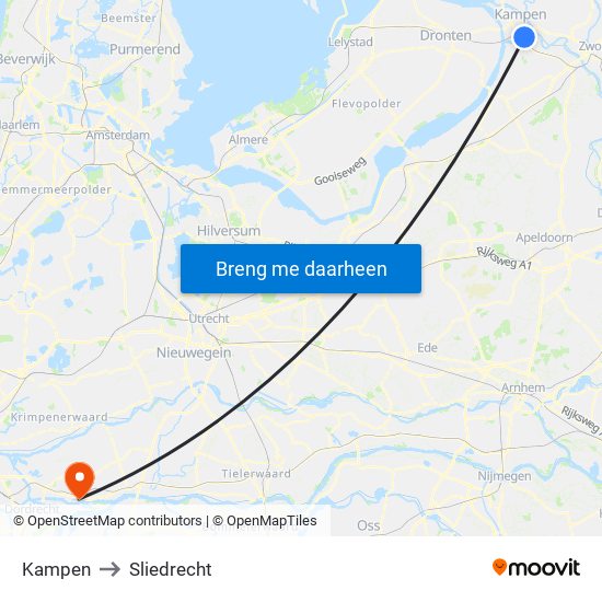 Kampen to Sliedrecht map