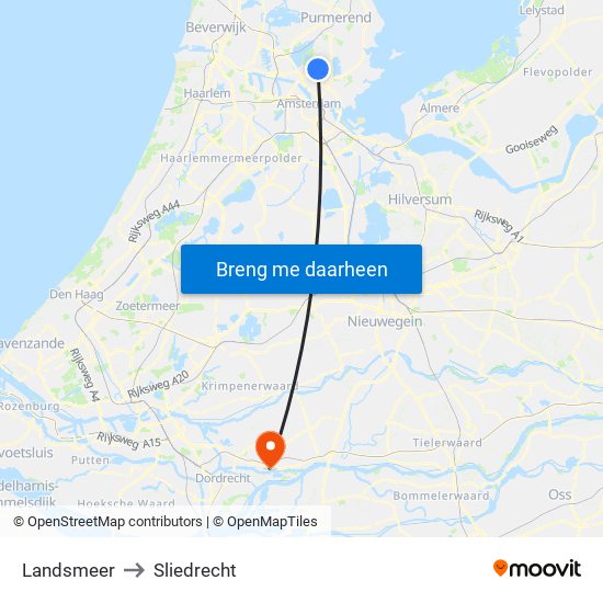 Landsmeer to Sliedrecht map