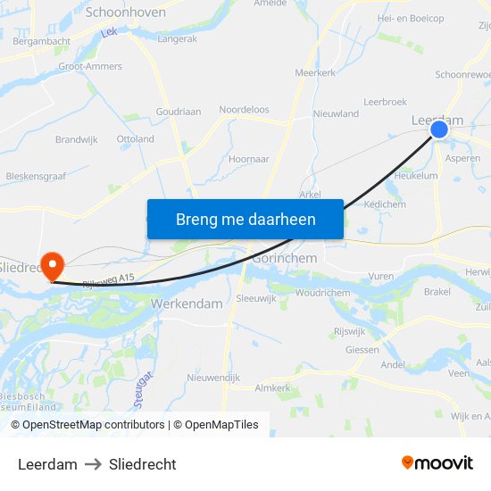 Leerdam to Sliedrecht map