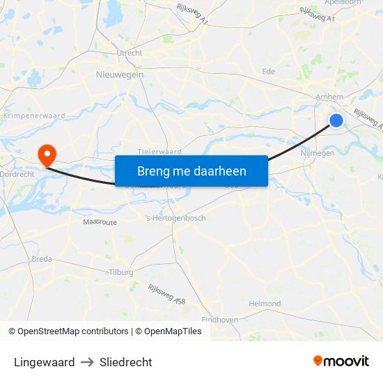 Lingewaard to Sliedrecht map