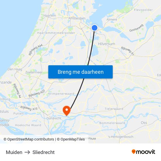 Muiden to Sliedrecht map