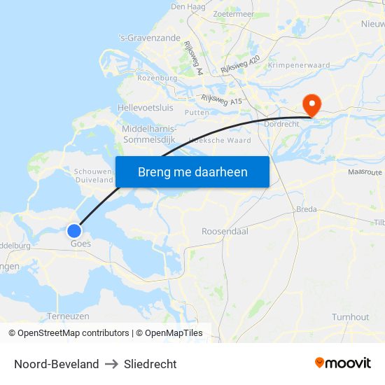 Noord-Beveland to Sliedrecht map