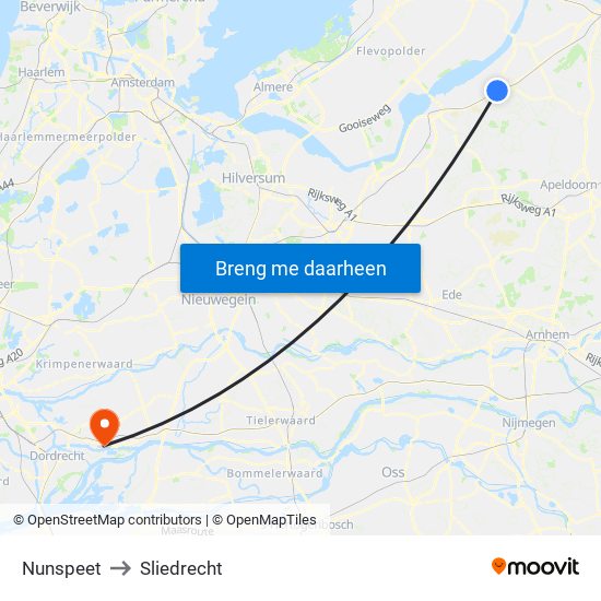 Nunspeet to Sliedrecht map
