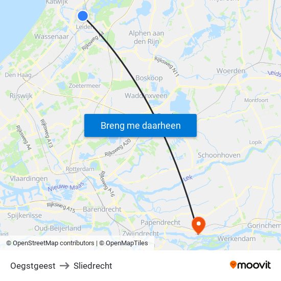 Oegstgeest to Sliedrecht map
