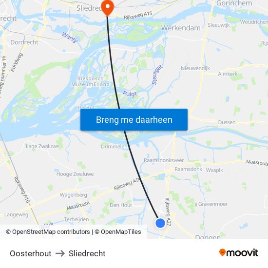 Oosterhout to Sliedrecht map