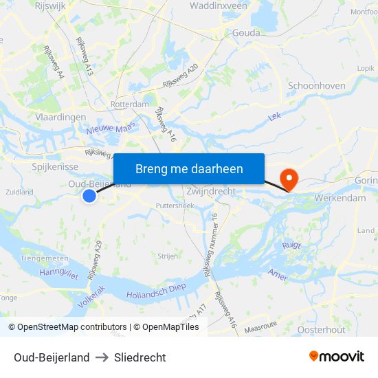 Oud-Beijerland to Sliedrecht map