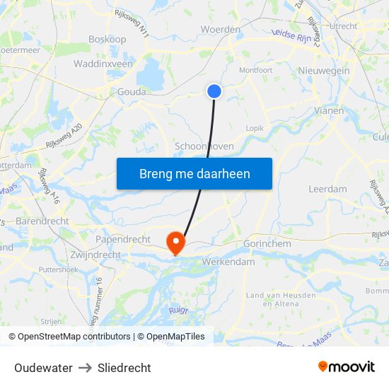 Oudewater to Sliedrecht map