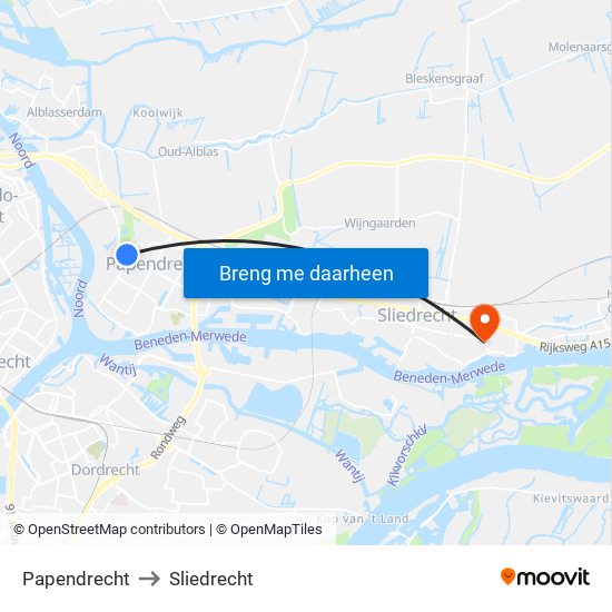 Papendrecht to Sliedrecht map