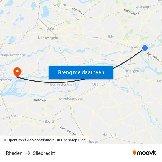 Rheden to Sliedrecht map