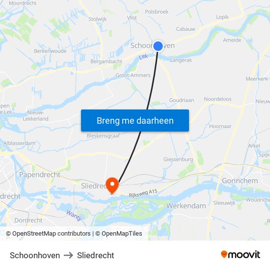 Schoonhoven to Sliedrecht map