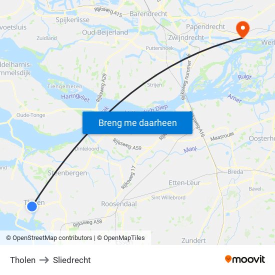 Tholen to Sliedrecht map