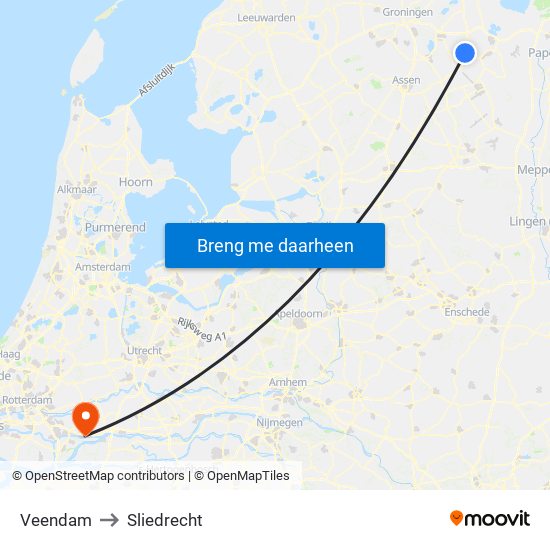 Veendam to Sliedrecht map