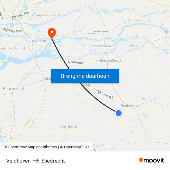 Veldhoven to Sliedrecht map