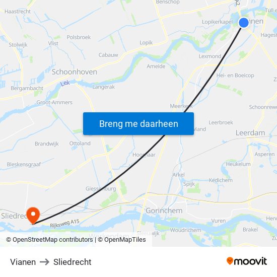 Vianen to Sliedrecht map