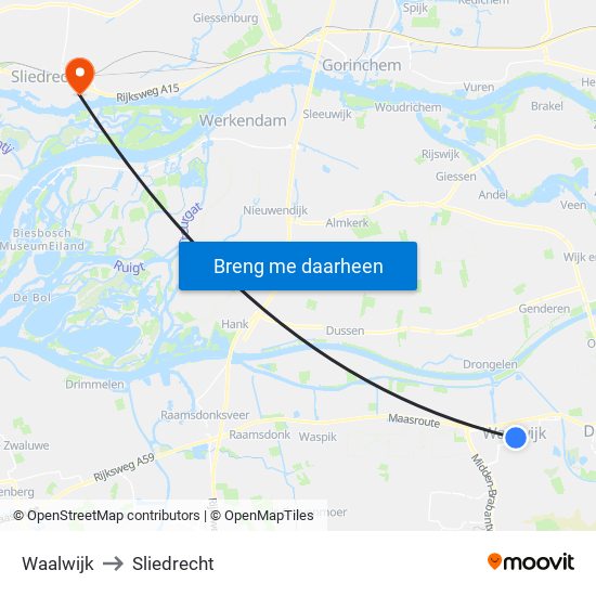 Waalwijk to Sliedrecht map