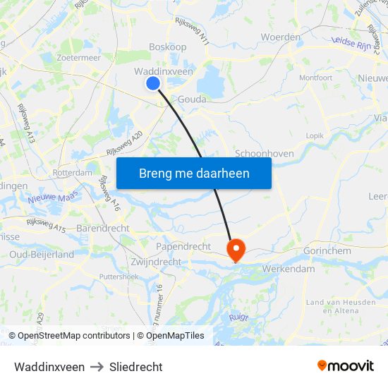 Waddinxveen to Sliedrecht map