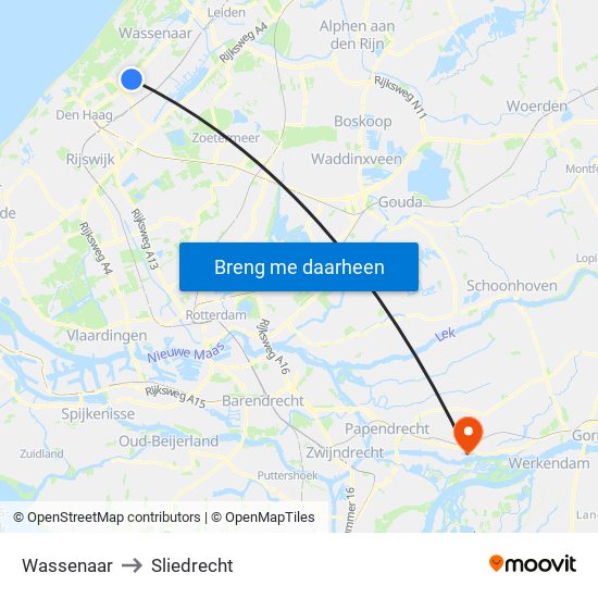 Wassenaar to Sliedrecht map