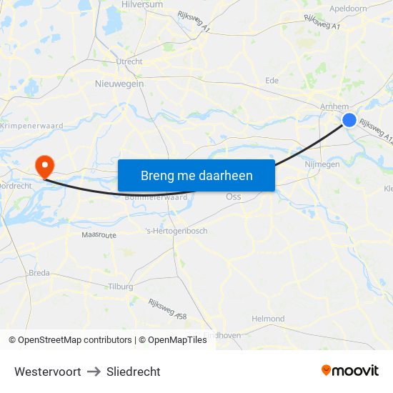 Westervoort to Sliedrecht map