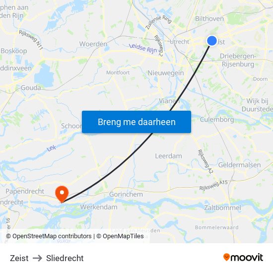 Zeist to Sliedrecht map