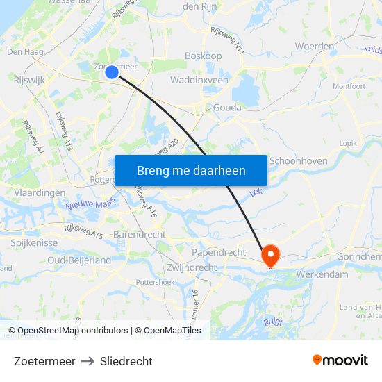 Zoetermeer to Sliedrecht map