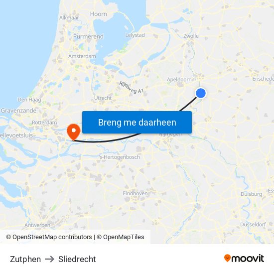 Zutphen to Sliedrecht map