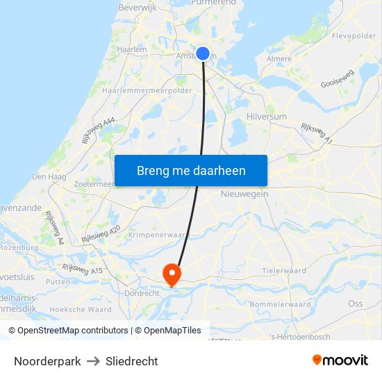 Noorderpark to Sliedrecht map