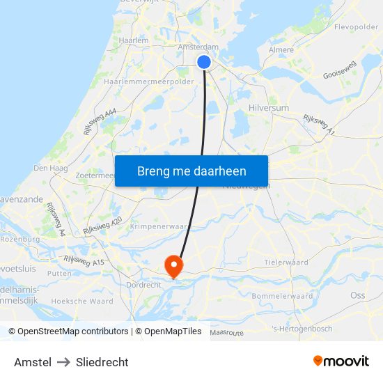 Amstel to Sliedrecht map