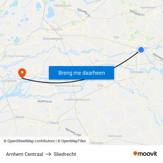 Arnhem Centraal to Sliedrecht map