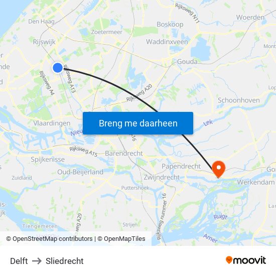 Delft to Sliedrecht map