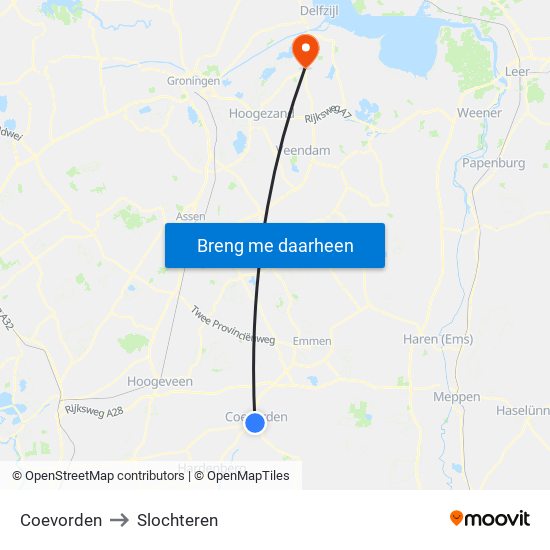 Coevorden to Slochteren map
