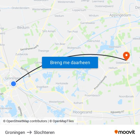 Groningen to Slochteren map